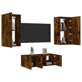 vidaXL 4-tlg. Wohnwand mit LED-Beleuchtung Räuchereiche Holzwerkstoff