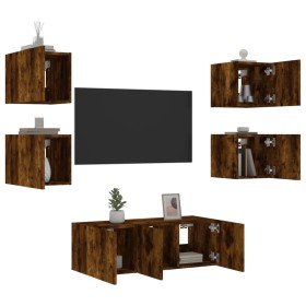 vidaXL 6-tlg. Wohnwand mit LED-Beleuchtung Räuchereiche Holzwerkstoff