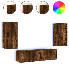 vidaXL 4-tlg. Wohnwand mit LED-Beleuchtung Räuchereiche Holzwerkstoff