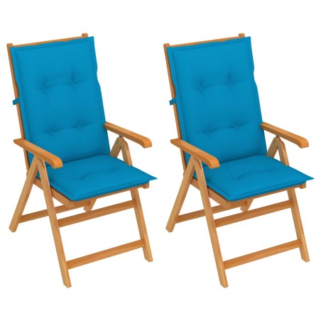 Gartenstühle 2 Stk. mit Blauen Auflagen Massivholz Teak