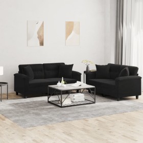 vidaXL 2-tlg. Sofagarnitur mit Kissen Schwarz Mikrofasergewebe