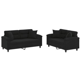 vidaXL 2-tlg. Sofagarnitur mit Kissen Schwarz Mikrofasergewebe