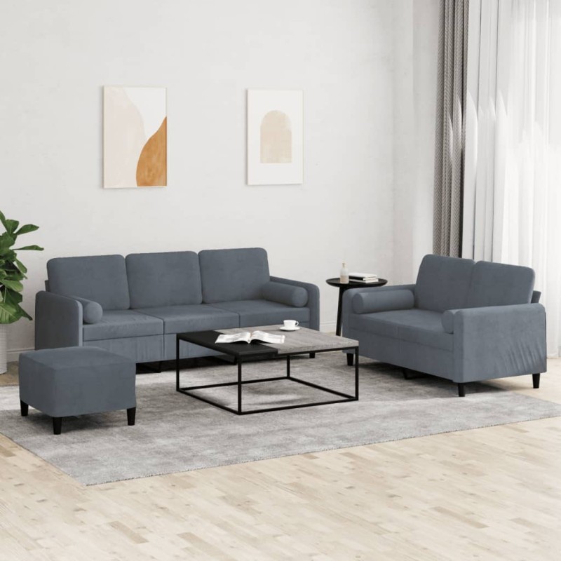 vidaXL 3-tlg. Sofagarnitur mit Kissen Dunkelgrau Samt vidaXL 3-tlg. Sofagarnitur mit Kissen Dunkelgrau Samt