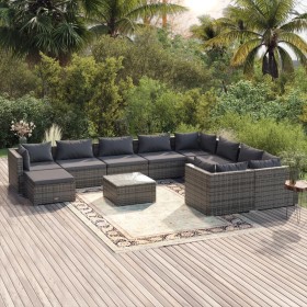 vidaXL 11-tlg. Garten-Lounge-Set mit Kissen Poly Rattan Grau