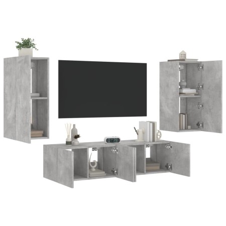 vidaXL 4-tlg. Wohnwand mit LED-Beleuchtung Betongrau Holzwerkstoff