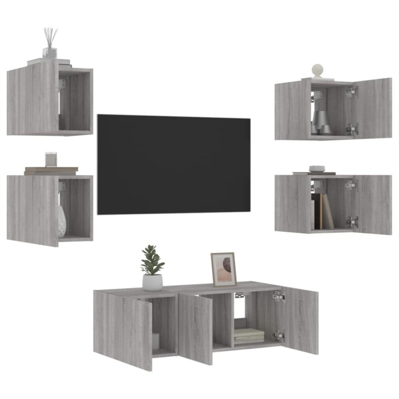 vidaXL 6-tlg. Wohnwand mit LED-Beleuchtung Grau Sonoma Holzwerkstoff vidaXL 6-tlg. Wohnwand mit LED-Beleuchtung Grau Sonoma Holzwerkstoff
