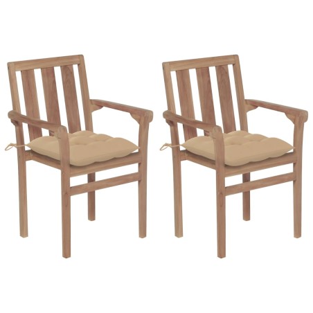 Gartenstühle 2 Stk. mit Beige Kissen Massivholz Teak