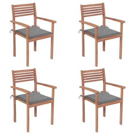 Gartenstühle 4 Stk. mit Grauen Kissen Massivholz Teak