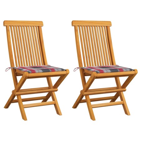 Gartenstühle Rote Karomuster-Kissen 2 Stk. Massivholz Teak