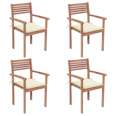Gartenstühle 4 Stk. mit Cremeweißen Kissen Massivholz Teak