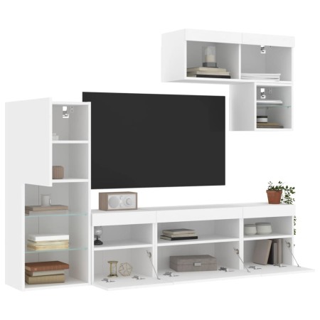 vidaXL 6-tlg. Wohnwand mit LED-Beleuchtung Weiß Holzwerkstoff
