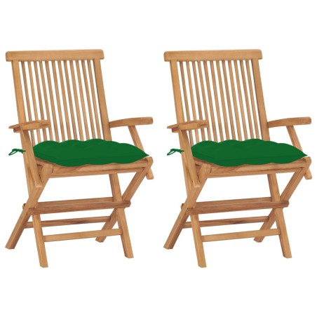 Gartenstühle mit Grünen Kissen 2 Stk. Massivholz Teak