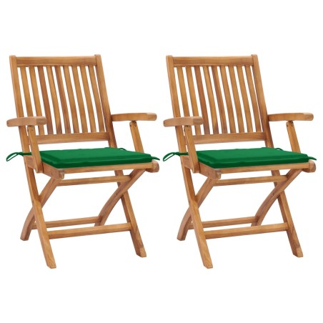 Gartenstühle 2 Stk. mit Grünen Kissen Teak Massivholz