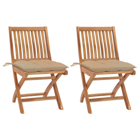 Gartenstühle 2 Stk. mit Beige Kissen Massivholz Teak