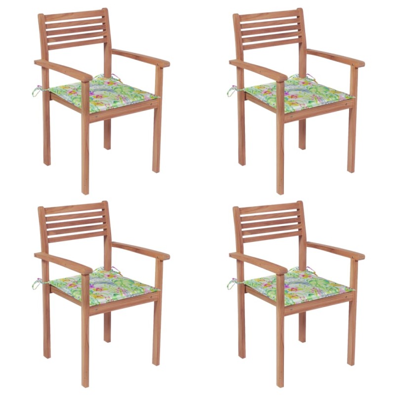 Gartenstühle 4 Stk. mit Blattmuster Kissen Massivholz Teak Gartenstühle 4 Stk. mit Blattmuster Kissen Massivholz Teak