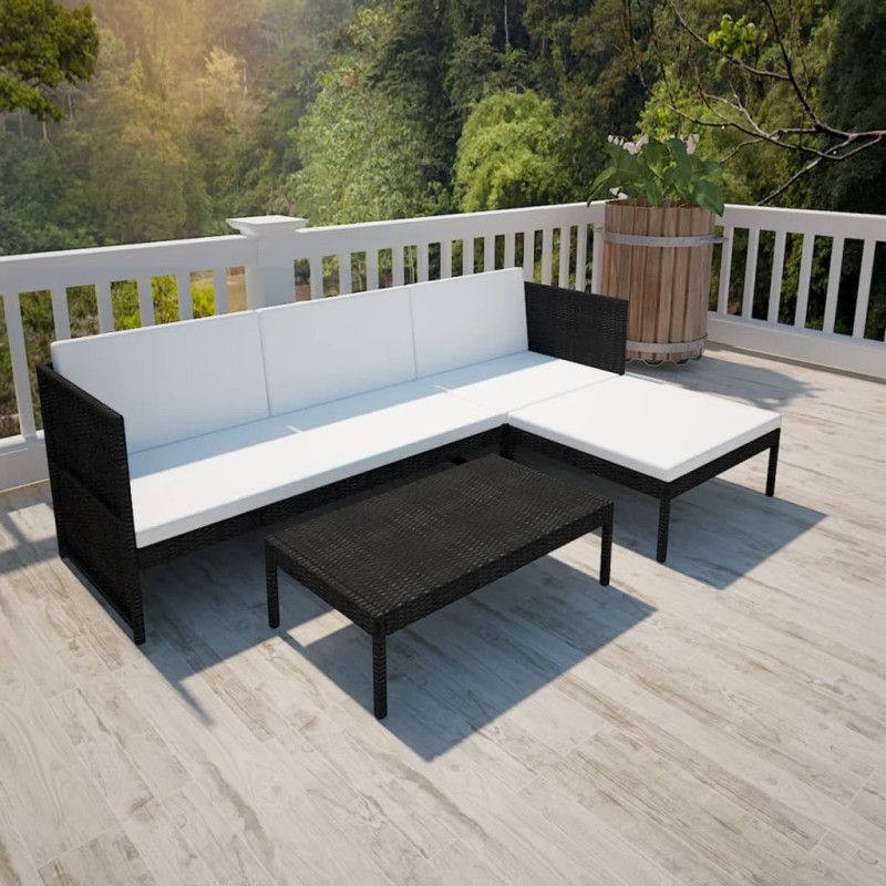 vidaXL 3-tlg. Garten-Lounge-Set mit Auflagen Poly Rattan Schwarz vidaXL 3-tlg. Garten-Lounge-Set mit Auflagen Poly Rattan Schwarz