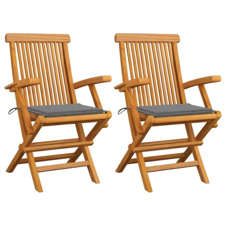 vidaXL Gartenstühle mit Grauen Kissen 2 Stk. Massivholz Teak