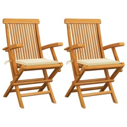 Gartenstühle mit Cremeweißen Kissen 2 Stk. Massivholz Teak