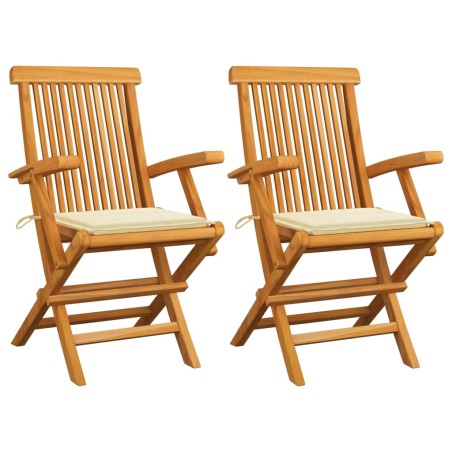 Gartenstühle mit Cremeweißen Kissen 2 Stk. Massivholz Teak