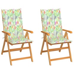 Gartenstühle 2 Stk. mit Blattmuster Kissen Massivholz Teak