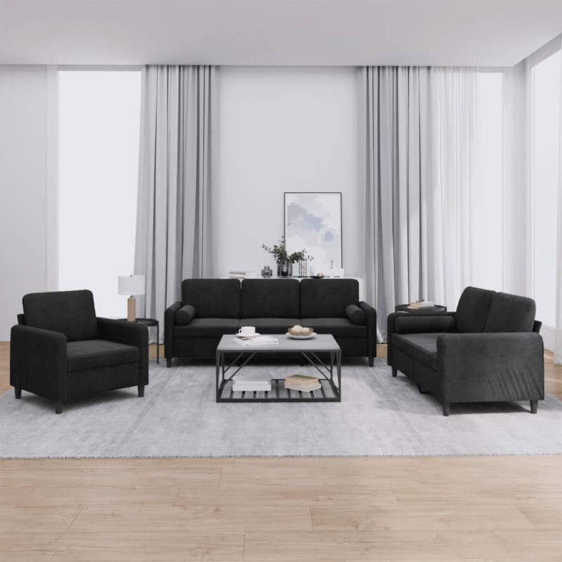 vidaXL 3-tlg. Sofagarnitur mit Kissen Schwarz Samt vidaXL 3-tlg. Sofagarnitur mit Kissen Schwarz Samt