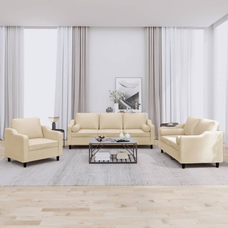 vidaXL 3-tlg. Sofagarnitur mit Kissen Creme Stoff vidaXL 3-tlg. Sofagarnitur mit Kissen Creme Stoff