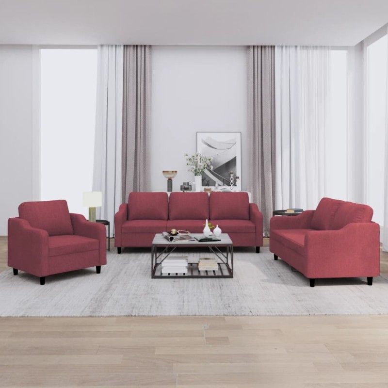 vidaXL 3-tlg. Sofagarnitur mit Kissen Weinrot Stoff vidaXL 3-tlg. Sofagarnitur mit Kissen Weinrot Stoff
