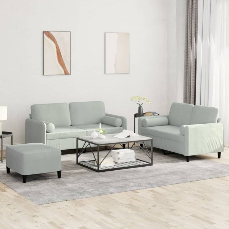 vidaXL 3-tlg. Sofagarnitur mit Kissen Hellgrau Samt vidaXL 3-tlg. Sofagarnitur mit Kissen Hellgrau Samt
