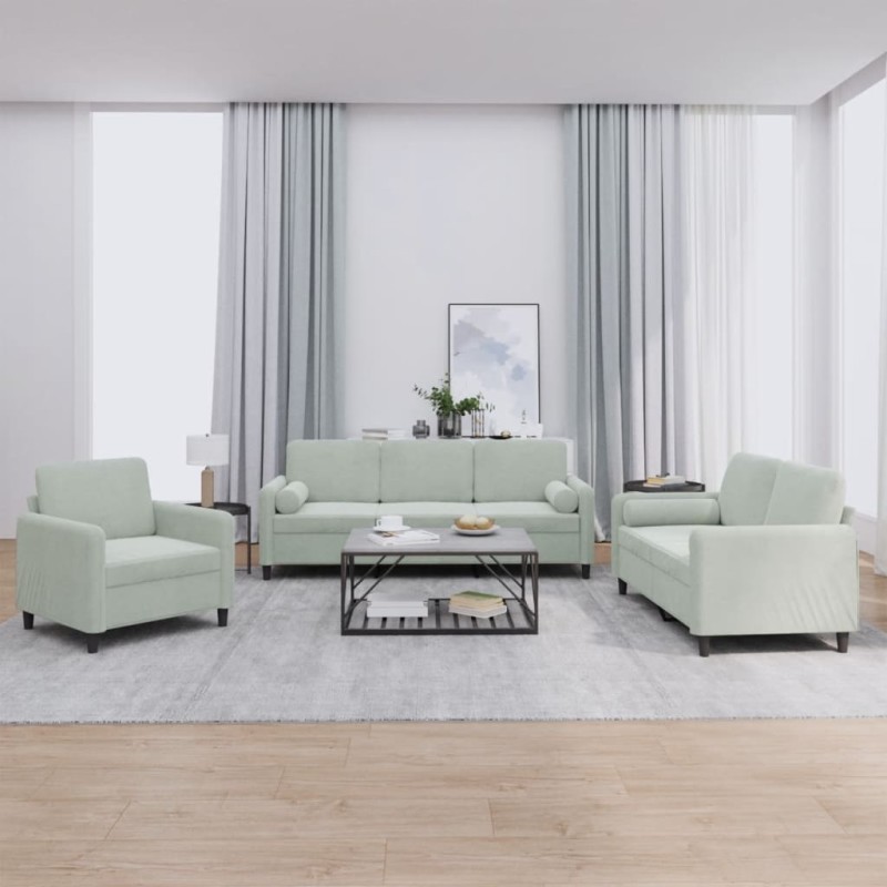 vidaXL 3-tlg. Sofagarnitur mit Kissen Hellgrau Samt vidaXL 3-tlg. Sofagarnitur mit Kissen Hellgrau Samt
