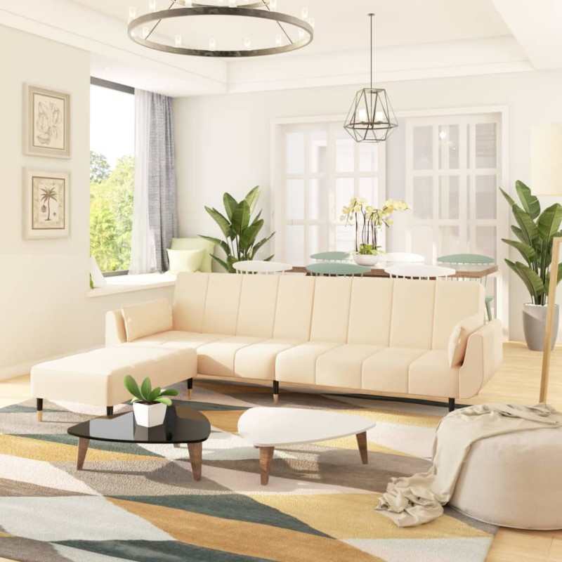 vidaXL Schlafsofa 2-Sitzer mit Hocker & Zwei Kissen Creme Samt vidaXL Schlafsofa 2-Sitzer mit Hocker & Zwei Kissen Creme Samt
