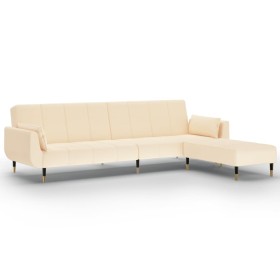 vidaXL Schlafsofa 2-Sitzer mit Hocker & Zwei Kissen Creme Samt