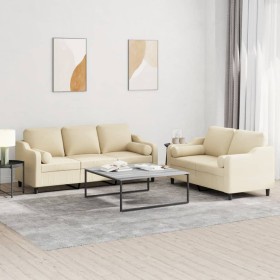 vidaXL 2-tlg. Sofagarnitur mit Kissen Creme Stoff