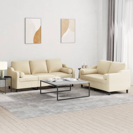 vidaXL 2-tlg. Sofagarnitur mit Kissen Creme Stoff