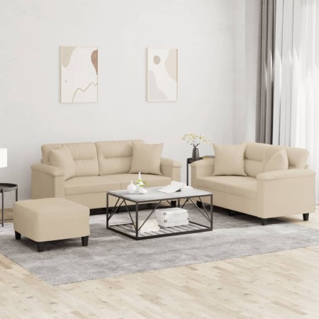 vidaXL 3-tlg. Sofagarnitur mit Kissen Creme Mikrofasergewebe