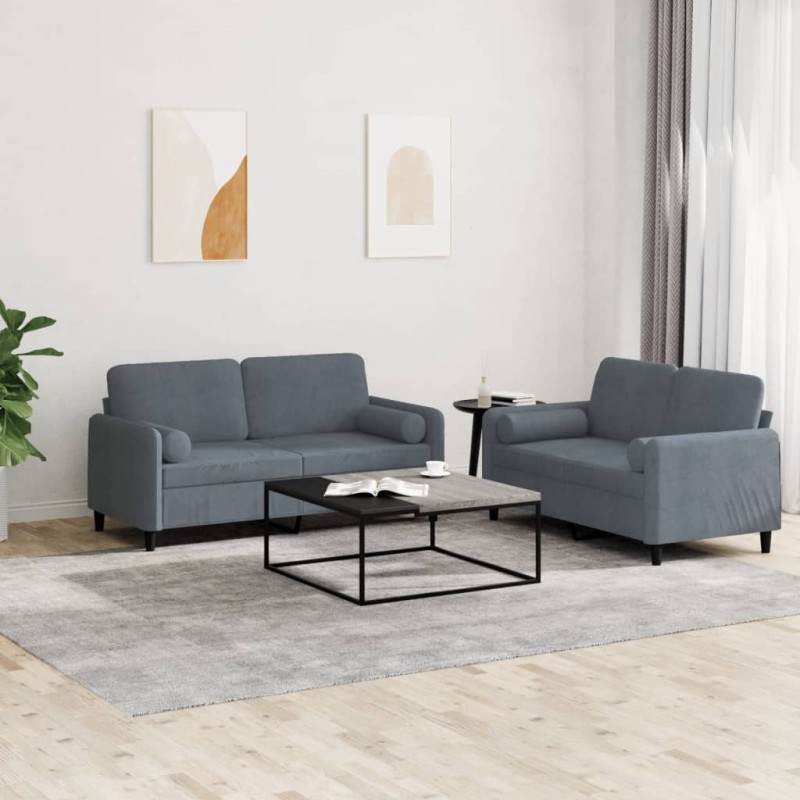vidaXL 2-tlg. Sofagarnitur mit Kissen Dunkelgrau Samt vidaXL 2-tlg. Sofagarnitur mit Kissen Dunkelgrau Samt