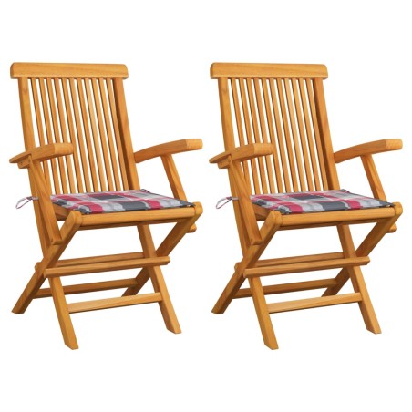 Gartenstühle Rote Karomuster-Kissen 2 Stk. Massivholz Teak