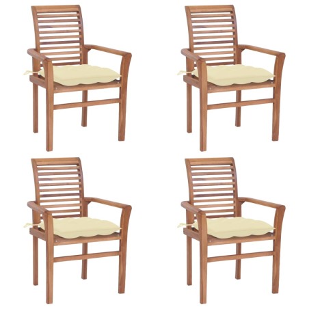 Essstühle 4 Stk. mit Cremeweißen Kissen Massivholz Teak
