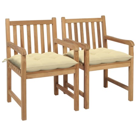 vidaXL Gartenstühle 2 Stk. mit Cremeweißen Kissen Massivholz Teak