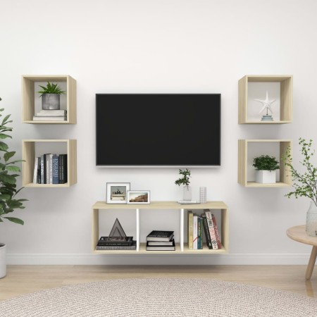 vidaXL 5-tlg. TV-Schrank-Set Weiß Sonoma-Eiche Holzwerkstoff