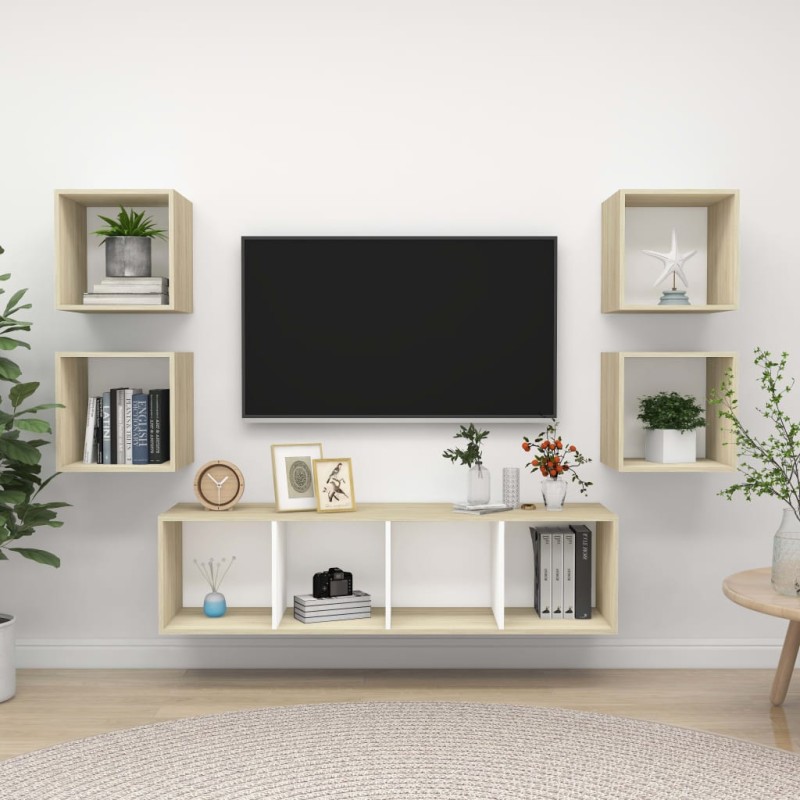 vidaXL 5-tlg. TV-Schrank-Set Weiß Sonoma-Eiche Holzwerkstoff vidaXL 5-tlg. TV-Schrank-Set Weiß Sonoma-Eiche Holzwerkstoff