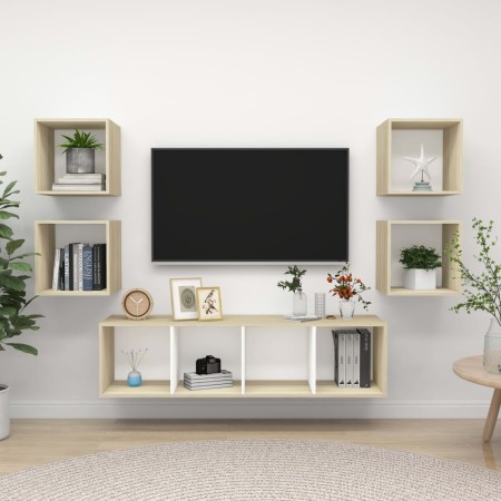 vidaXL 5-tlg. TV-Schrank-Set Weiß Sonoma-Eiche Holzwerkstoff