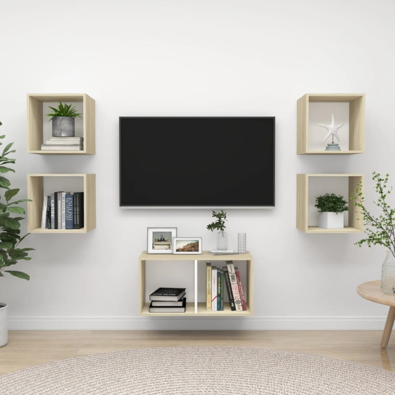vidaXL 5-tlg. TV-Schrank-Set Weiß Sonoma-Eiche Holzwerkstoff vidaXL 5-tlg. TV-Schrank-Set Weiß Sonoma-Eiche Holzwerkstoff