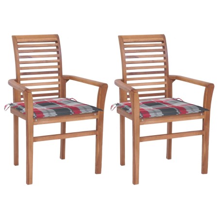 Essstühle 2 Stk. Rote Karomuster-Kissen Massivholz Teak