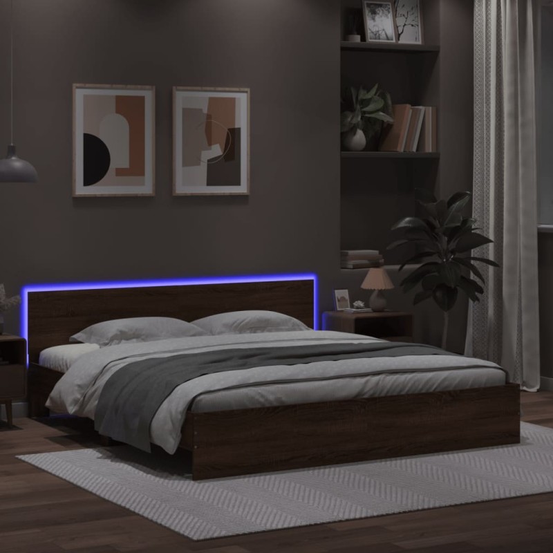 vidaXL Bettgestell mit Kopfteil und LED-Beleuchtung Braun Eiche-Optik vidaXL Bettgestell mit Kopfteil und LED-Beleuchtung Braun Eiche-Optik