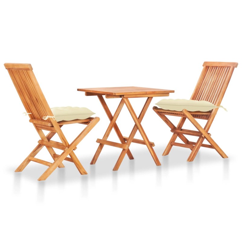 3-tlg. Bistro-Set mit Cremeweißen Kissen Massivholz Teak 3-tlg. Bistro-Set mit Cremeweißen Kissen Massivholz Teak