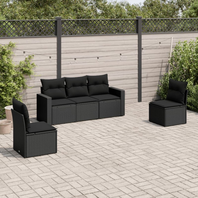 vidaXL 5-tlg. Garten-Sofagarnitur mit Kissen Schwarz Poly Rattan vidaXL 5-tlg. Garten-Sofagarnitur mit Kissen Schwarz Poly Rattan
