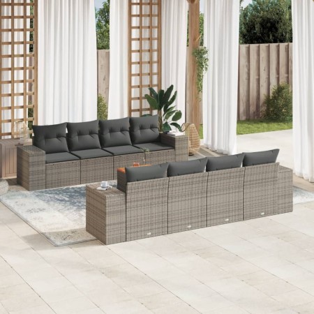vidaXL 9-tlg. Garten-Sofagarnitur mit Kissen Grau Poly Rattan