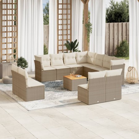 vidaXL 12-tlg. Garten-Sofagarnitur mit Kissen Beige Poly Rattan