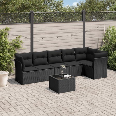 vidaXL 7-tlg. Garten-Sofagarnitur mit Kissen Schwarz Poly Rattan