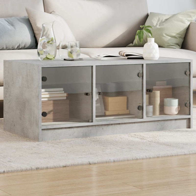 vidaXL Couchtisch mit Glastüren Betongrau 102x50x42 cm vidaXL Couchtisch mit Glastüren Betongrau 102x50x42 cm
